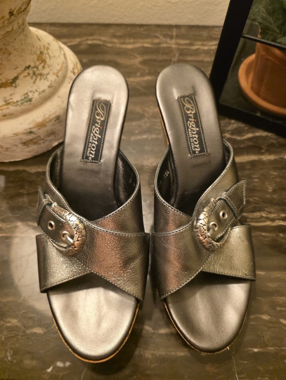 Brighton Metallic Pewter Slide Mules with Buckle Detail